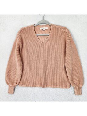 LOFT Sweater Womens XS Pink V Neck Balloon Sleeve 100% Cotton Chunky Knit